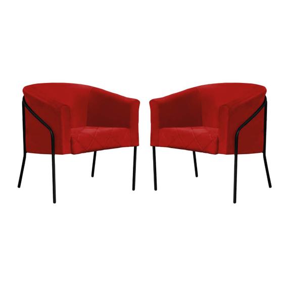 Imagem de Kit 07 Poltrona Cadeira Roni Luxo Industrial Ferro Preto Suede Vermelho - Ahz Móveis