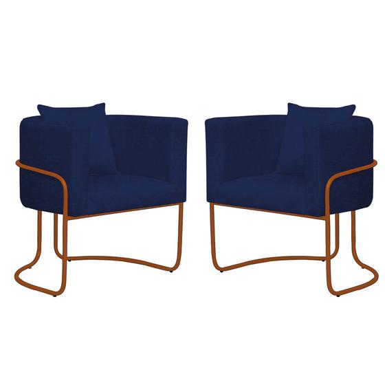 Imagem de Kit 07 Poltrona Cadeira Sirus Luxo Industrial Ferro Bronze Suede Azul Marinho - Ahz Móveis