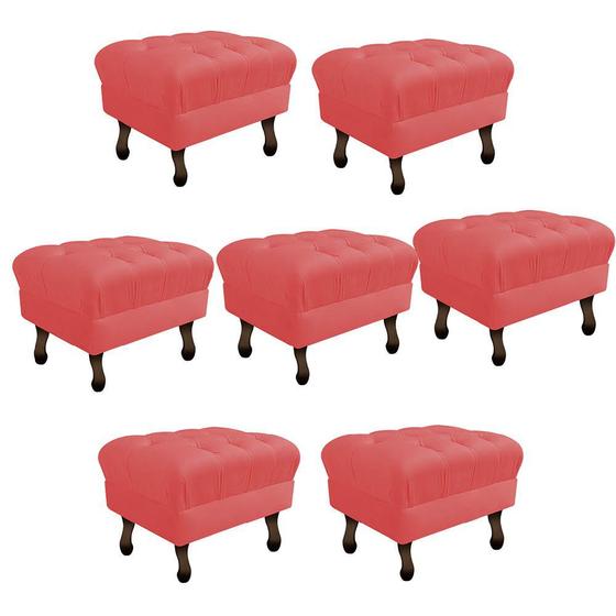 Imagem de Kit 07 Puff Retrô Capitonê Decorativo  Pé em Madeira Sala de Estar Recepção Escritório Suede Vermelho - Damaffê Móveis