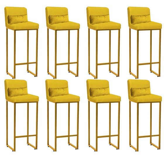 Imagem de Kit 08 Banqueta Alta com Encosto Lucca Industrial Cozinha Balcão Ferro Dourado Suede Amarelo e Almofada Amarelo - Ahz Móveis