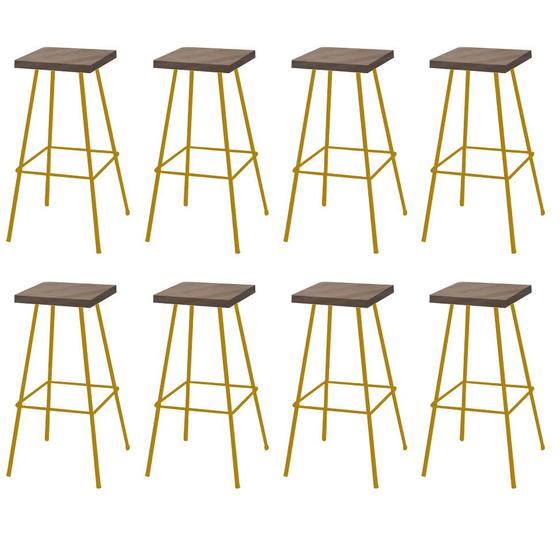 Imagem de Kit 08 Banquetas Alta Eliza 75cm Industrial Para Cozinha Ferro Dourado 100% MDF Caramelo - Ahazzo Móveis