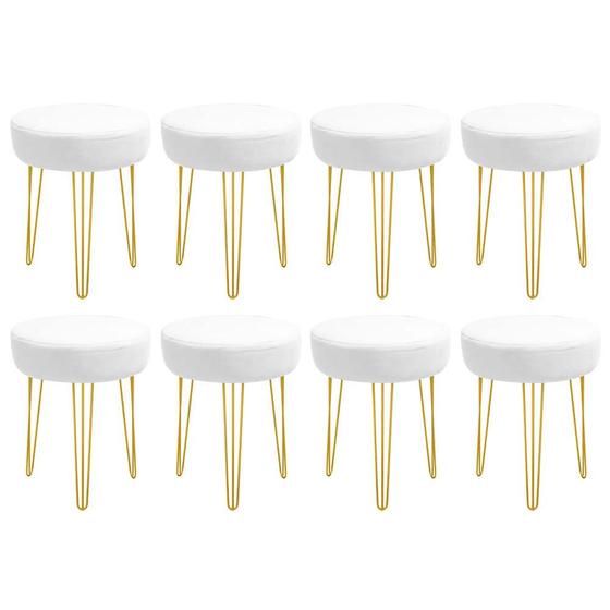 Imagem de Kit 08 Banquetas Puff Jullia Luxo 55cm Industrial Ferro Dourado Sintético Branco - Ahazzo Móveis