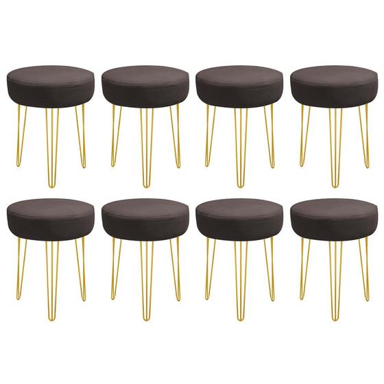 Imagem de Kit 08 Banquetas Puff Jullia Luxo 55cm Industrial Ferro Dourado Suede Marrom - Ahazzo Móveis