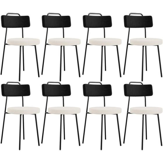 Imagem de Kit 08 Cadeiras Decorativa Estofada Sala Jantar Barcelona L02 material sintético Preto Linho Cru - Lyam