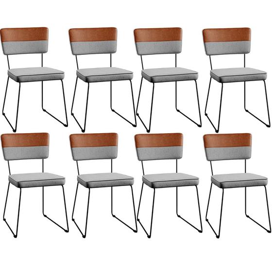 Imagem de Kit 08 Cadeiras Decorativas Allana L02 Faixa Tecido Sintético Camel Linho Cinza - Lyam Decor