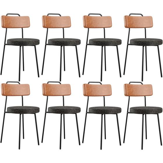 Imagem de Kit 08 Cadeiras Decorativas Estofada Sala De Jantar Barcelona L02 material sintético Camel Linho Chumbo - Lyam