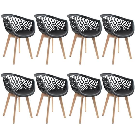 Imagem de Kit 08 Cadeiras Decorativas Para Sala de Jantar Madri Com Base de Madeira E01 Preto - Lyam Decor