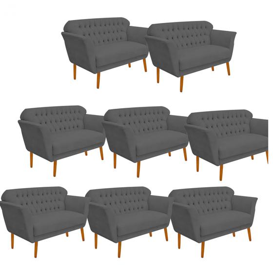 Imagem de Kit 08 Namoradeira  Decorativa  Ster com Capitone Pés Palito em Madeira 2 Lugares Sala de Estar Recepção Escritório Suede Cinza - Damaffê Móveis