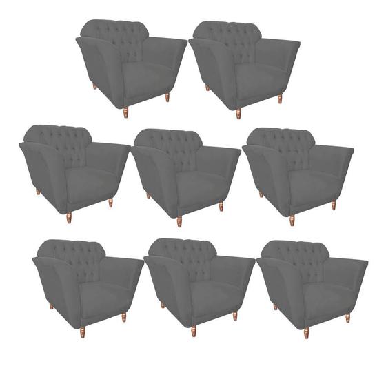 Imagem de Kit 08 Poltrona Cadeira Decorativa  Ster com Capitone  Sala de Estar Recepção Escritório Tecido Sintético Cinza - KDAcanto Móveis