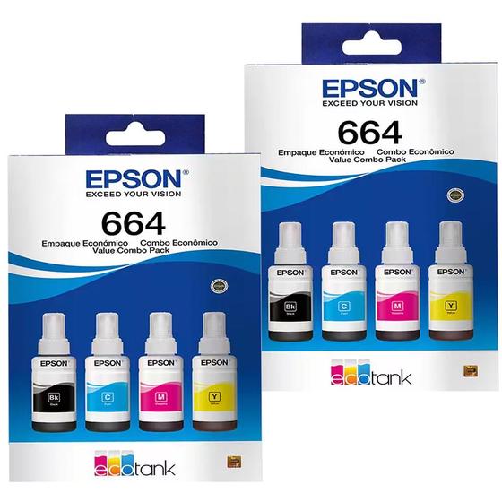 Imagem de Kit 08 Refil de tintas T664 Ciano, Magenta, Amarelo e Preto para impressora tank L555, L565, L375