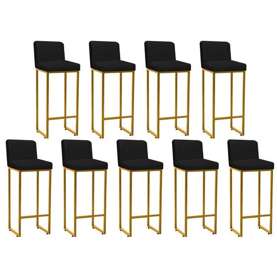 Imagem de Kit 09 Banqueta Alta Com Encosto Lucca -60cm chão até o assento Industrial Ferro Dourado Sintético Preto - Ahazzo Móveis