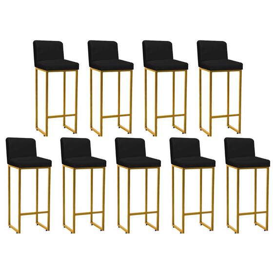 Imagem de Kit 09 Banqueta Alta Com Encosto Lucca -60cm chão até o assento Industrial Ferro Dourado Sintético Preto - Ahz Móveis