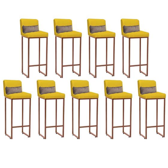 Kit 09 Banqueta Alta com Encosto Lucca Industrial Cozinha Balcão Ferro Bronze Sintético Amarelo e Almofada Bege - Ahz Móveis - AHAZZO MÓVEIS Imagem de Kit 09 Banqueta Alta com Encosto Lucca Industrial Cozinha Balcão Ferro Bronze Sintético Amarelo e Almofada Bege - Ahz Móveis