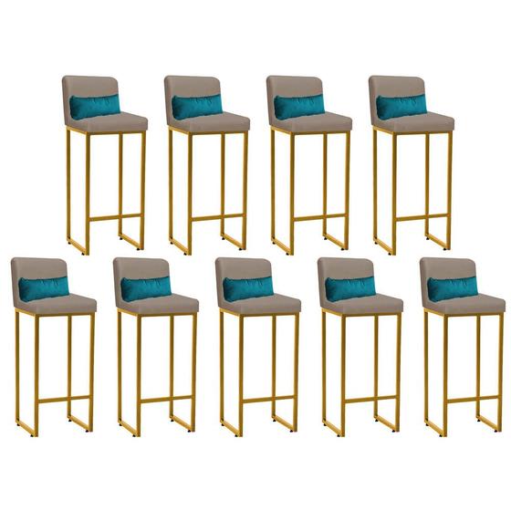 Imagem de Kit 09 Banqueta Alta com Encosto Lucca Industrial Cozinha Balcão Ferro Dourado Suede Bege e Almofada Azul Turquesa - Ahazzo Móveis