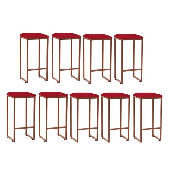 Imagem de Kit 09 Banqueta Alta Lua Industrial Cozinha Bar Balcão Bistrô Ferro Bronze Suede Vermelho - Ahazzo Móveis