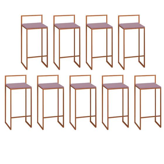 Imagem de Kit 09 Banquetas Alta Com Encosto Lino Industrial Balcão Bistrô Ferro Bronze MDF Madeira Rose Gold - Ahazzo Móveis