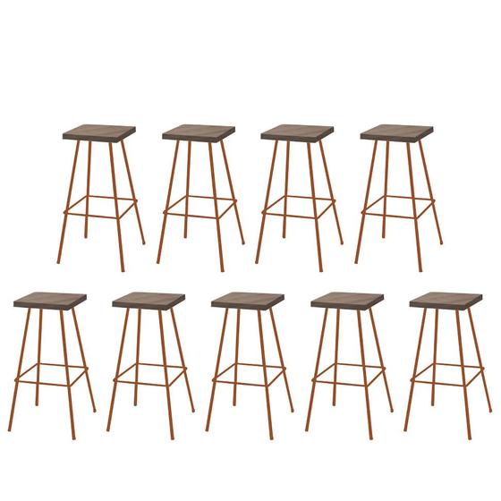 Imagem de Kit 09 Banquetas Alta Eliza 75cm Industrial Para Cozinha Ferro Bronze 100% MDF Castanho - Ahz Móveis