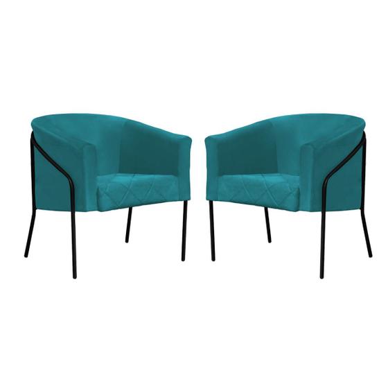 Imagem de Kit 09 Poltrona Cadeira Roni Luxo Industrial Ferro Preto Suede Azul Turquesa - Ahz Móveis