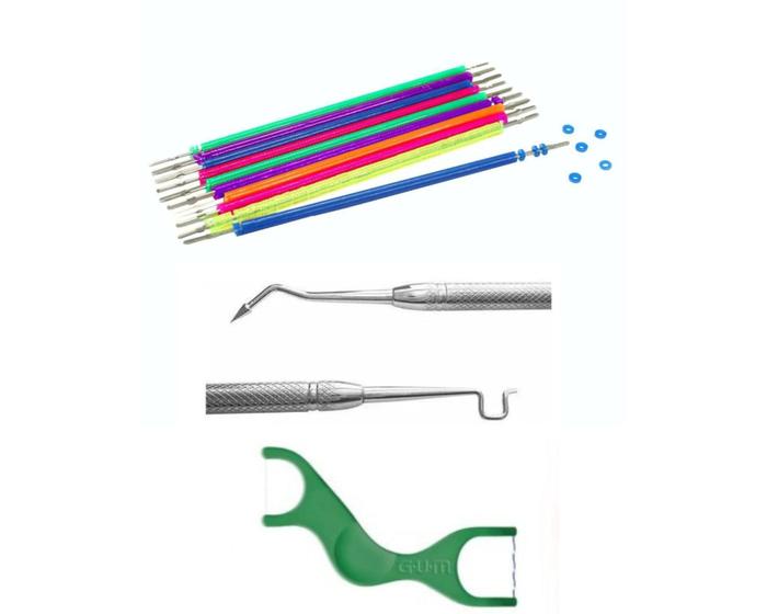 Imagem de Kit 1.000 Borrachinha Aparelho Ortodôntico (10 Palitos) 10 Cores + 01 Aplicador + 01 Fio Dental 02