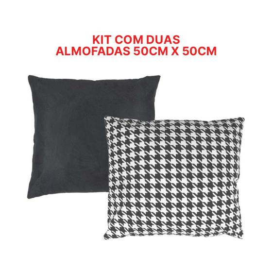 Imagem de Kit 1 Almofada Quadrada com Enchimento 50x50 cm Preta + 1 Almofada Quadrada com Enchimento 50x50 cm Pied de Poule