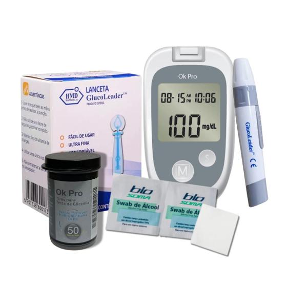 Imagem de Kit 1 Aparelho de Diabete Glicose Digital Ok Pro + 1 Frasco de tiras reagentes c/ 50 unidades + Caneta + Lanceta Twist + Alcool Swabs