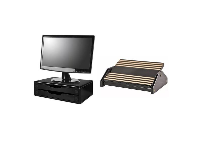 Imagem de Kit 1 APOIO Ergonômico Para Pés Em MDF Cor Black Piano (Preto) Ajustável 3704 + 1 Suporte Para Monitor Em MDF Black Piano 2 Gavetas Black Piano 3346 S