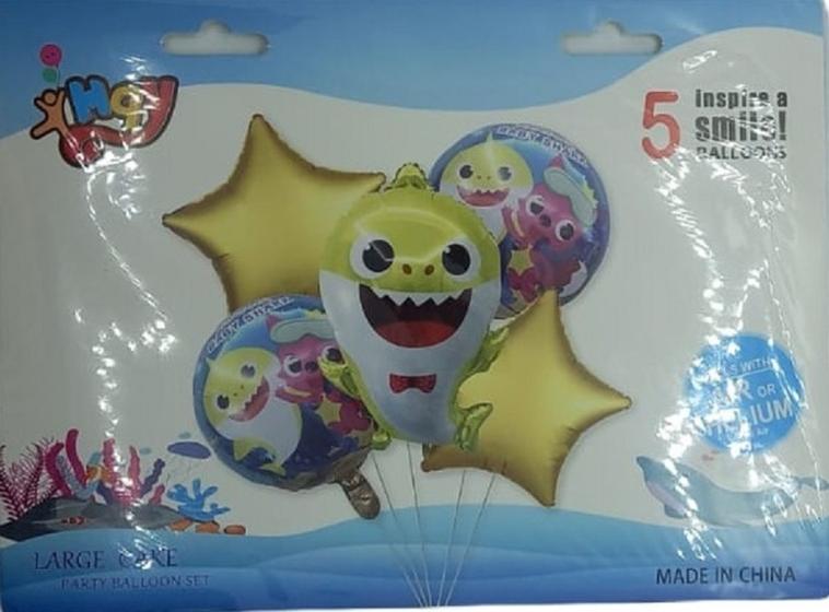 Imagem de Kit 1 Balão Baby Shark + 2 Redondo + 2 Estrelas - Dourado