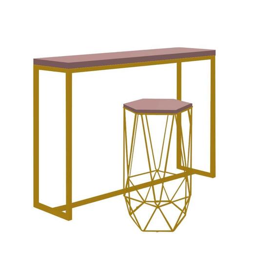 Imagem de Kit 1 Banqueta Liz + 1 Mesa Bancada Mavie 150cm Industrial Ferro Dourado MDF Rosa - Ahazzo Móveis