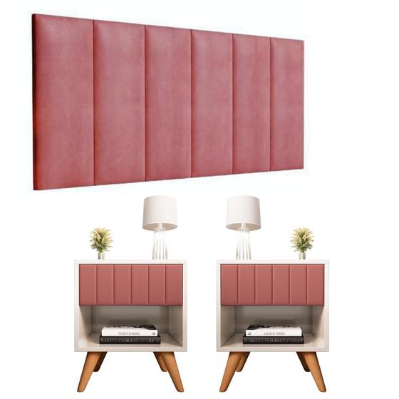 Imagem de Kit 1 Cabeceira 1.40Cm 2 Mesa de Cabeceira Glamur Pérola Decor Pé Madeira Gaveta Estofada -Jc