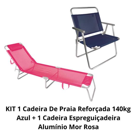 Imagem de KIT 1 Cadeira De Praia Reforçada 140kg + 1 Cadeira Espreguiçadeira Alumínio Mor Rosa