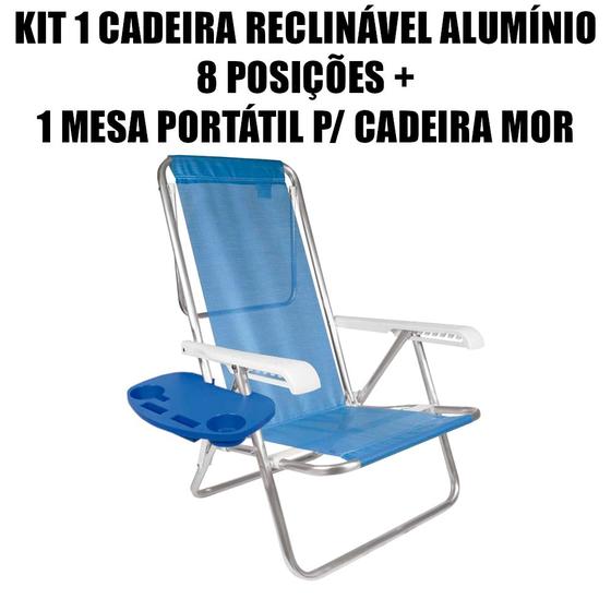 Imagem de Kit 1 Cadeira Reclinável Alumínio 8 Posições + Mesa Portátil para Cadeira de Praia Mor