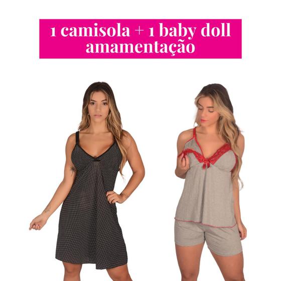 Imagem de Kit 1 Camisola +1 Baby Doll Pijama Amamentação Rendado Pós Parto para Amamentar Short Dool Luxo Reforçado Sustentação Adulto Camizola Feminina Renda