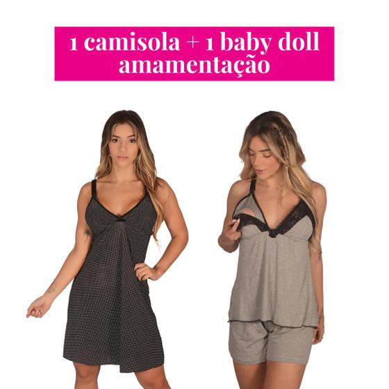 Imagem de Kit 1 Camisola +1 Baby Doll Pijama Amamentação Rendado Pós Parto para Amamentar Short Dool Luxo Reforçado Sustentação Adulto Camizola Feminina Renda