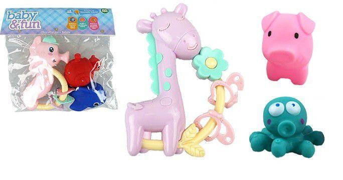 Imagem de Kit 1 Chocalho Colorido + 2 Bichinhos de Vinil Diferentes Baby & Fun