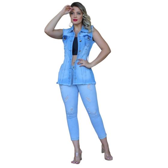 Imagem de Kit 1 Colete Jeans 100% Algodão + Calça Feminina Jeans Com Licra Azul Aço 3