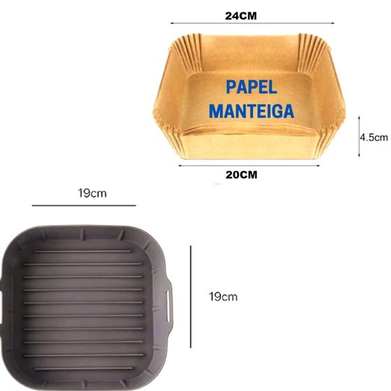 Imagem de Kit 1 Forma de silicone Quadrada para Airfryer 19Cm-50 Formas de papel Reciclável Quadrada  Airfryer