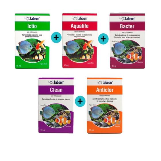 Imagem de Kit 1 Ictio 15ml + 1 Aqualife 15ml + 1 Bacter C/ 10 Cápsulas + 1 Clean + 1 Anticlor 15ml