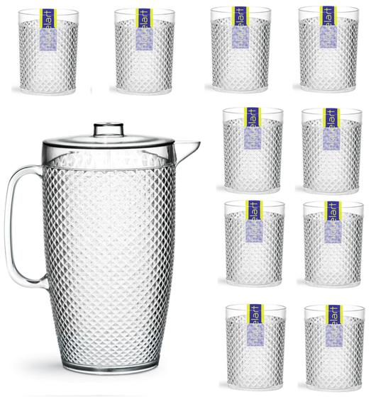 Imagem de Kit 1 Jarra 3l E 10 Copos Acrílico Resistente Acrilico Crystal 490 Ml