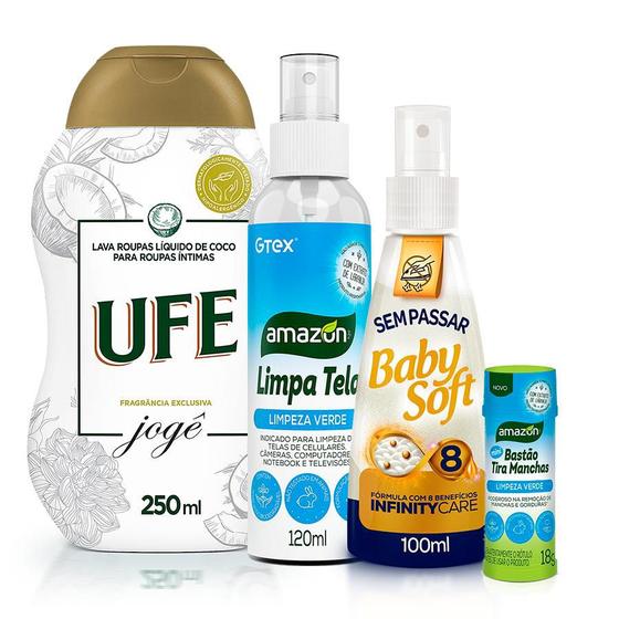 Imagem de Kit 1 Lava Roupas Íntimas Líquido Ufe by Jogê + 1 Sem Passar Baby Soft 100ml + 1 Bastão Tira Manchas Amazon Mini 18g + 1 Limpa Telas Amazon 120ml