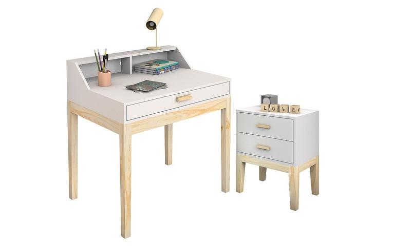 Imagem de Kit 1 mesa de estudo infantil teens + 1 mesa de cabeceira 2 gavetas infantil teens cor Branco