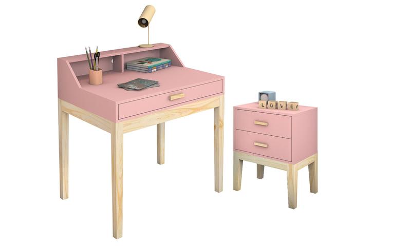Imagem de Kit 1 mesa de estudo infantil teens + 1 mesa de cabeceira 2 gavetas infantil teens cor Rosa