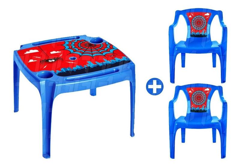 Imagem de Kit 1 Mesinha e 2 Cadeiras Infantil Plástica Menino Homem Aranha Azul 