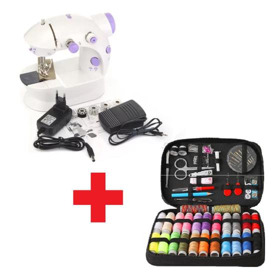 Imagem de Kit 1 Mini máquina de costura portátil e 1 Kit de costura com 96 itens 
