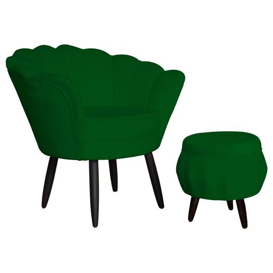 Imagem de Kit 1 Poltrona Com 1 Puff Pés Palito Salão de Beleza Pétala Suede Verde - DL Decor