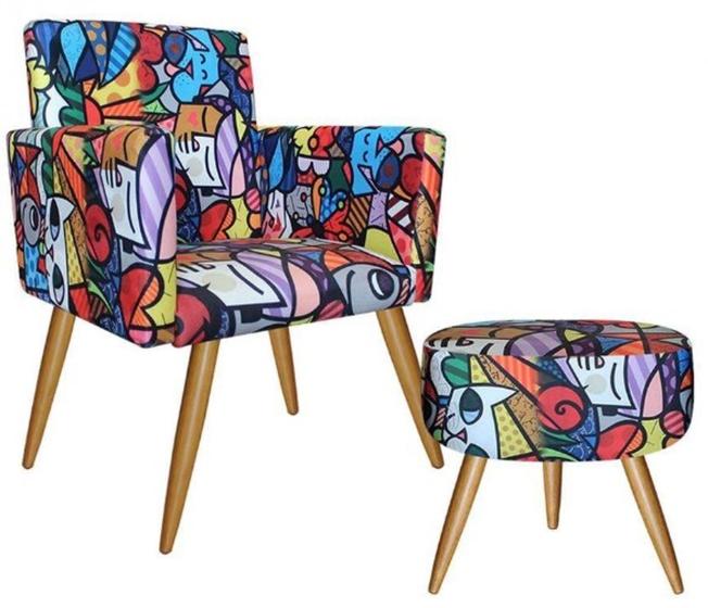 Imagem de Kit 1 poltrona Decorativa Nina + 1 puff Redondo - Suede Romero Brito