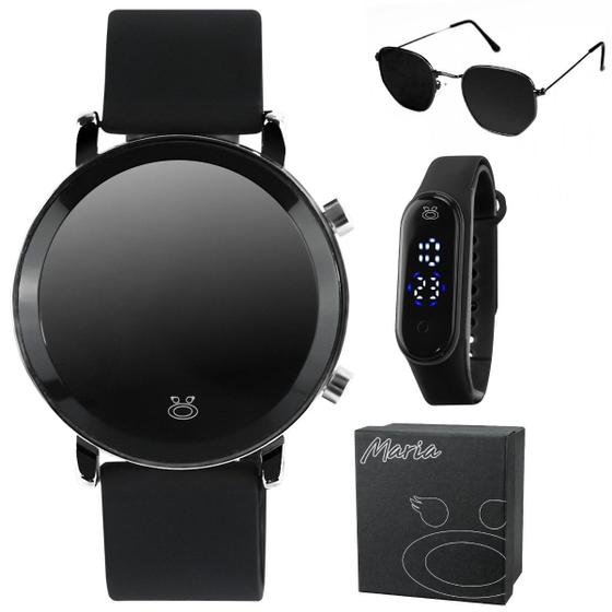 Imagem de KIT 1 Relógio Digital Feminino LED Preto 1 Relógio Pulseira Bracelete Preto 1 Óculos Sol Hexagonal Preto Proteção UV Caixa Exclusiva Premium 