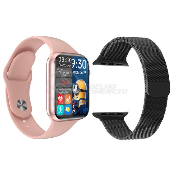 Imagem de Kit 1 Relógio Inteligente SmartWatch HW16 Rosa + 1 Pulseira Extra Aço Milanese Preto