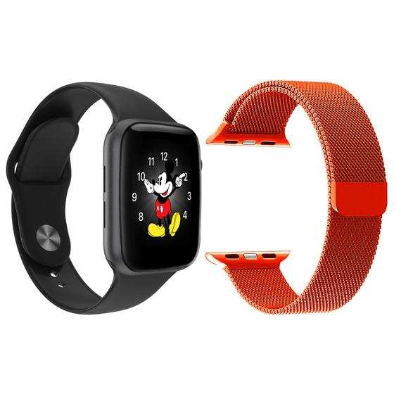 Imagem de Kit 1 Relógio Inteligente SmartWatch LD5 Preto Android iOS + 1 Pulseira Extra Milanese Vermelho