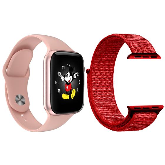 Imagem de Kit 1 Relógio Inteligente SmartWatch LD5 Rosa Android iOS + 1 Pulseira Extra Nylon Vermelho