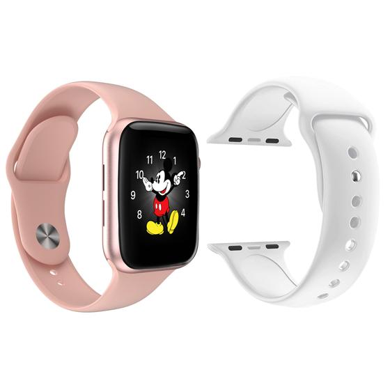 Imagem de Kit 1 Relógio Inteligente SmartWatch LD5 Rosa Android iOS + 1 Pulseira Extra Silicone Branco